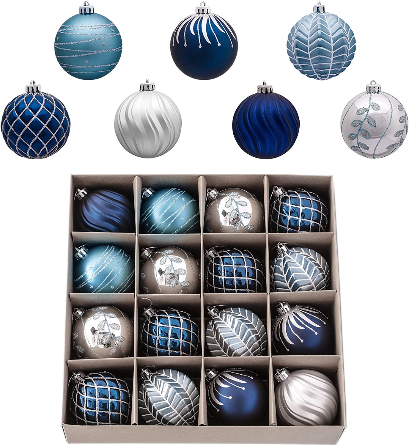 Valery Madelyn 16ct 80mm Winter Wishes Silver and Blue Christmas Ball  Ornaments, Shatterproof Christmas Tree Ornaments, Hanging Baubles for Xmas 