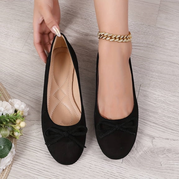 XUNKUSGA Ballet Flats Comfortable Classic Suede Bow Flats for Women Fashion Round Toe Shoes for Women Dressy Casual Lightweight Slip-On Shoes Women,Black,5.5