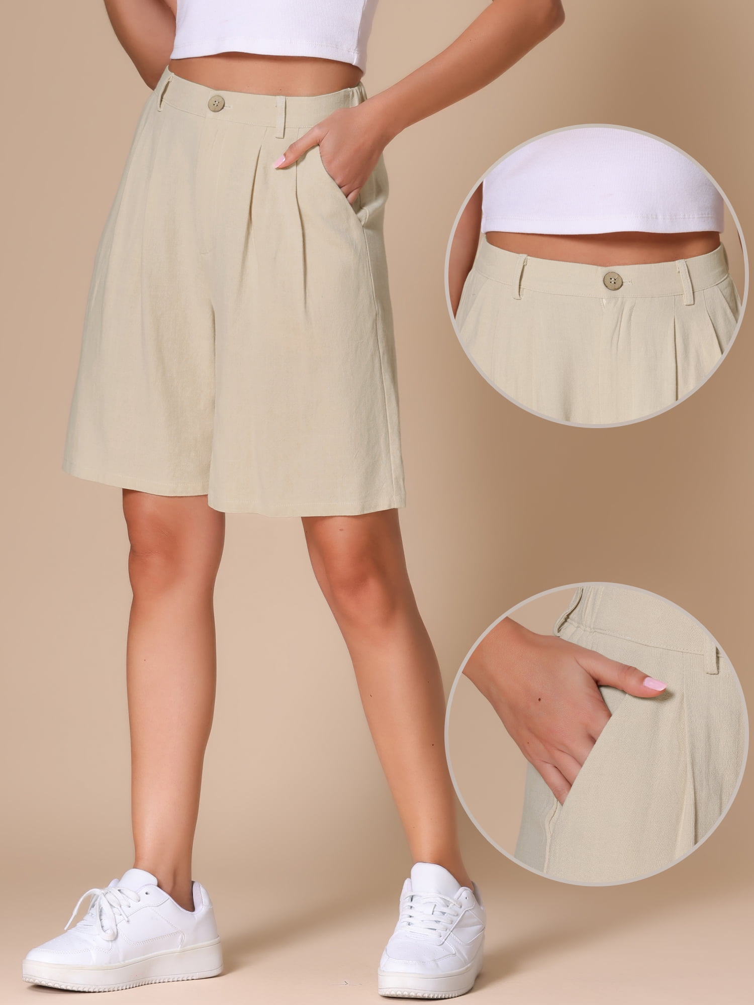 DARING DIVA Women's Linen Elastic High Waist Summer Bermuda Shorts XS Apricot