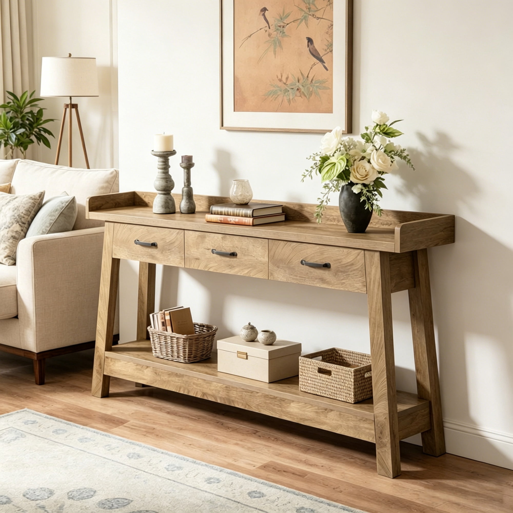 Long Console Table, 75.79 in, 3 Drawers, Raised Edge, Farmhouse Style