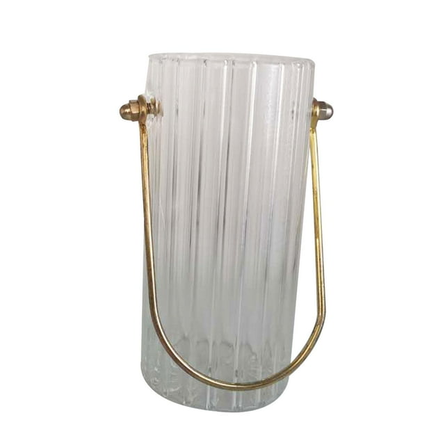 GUOOL Clear Cylinder Glass Flower Vase Striped Lines with Metal Handle Multifunctional 9x20cm