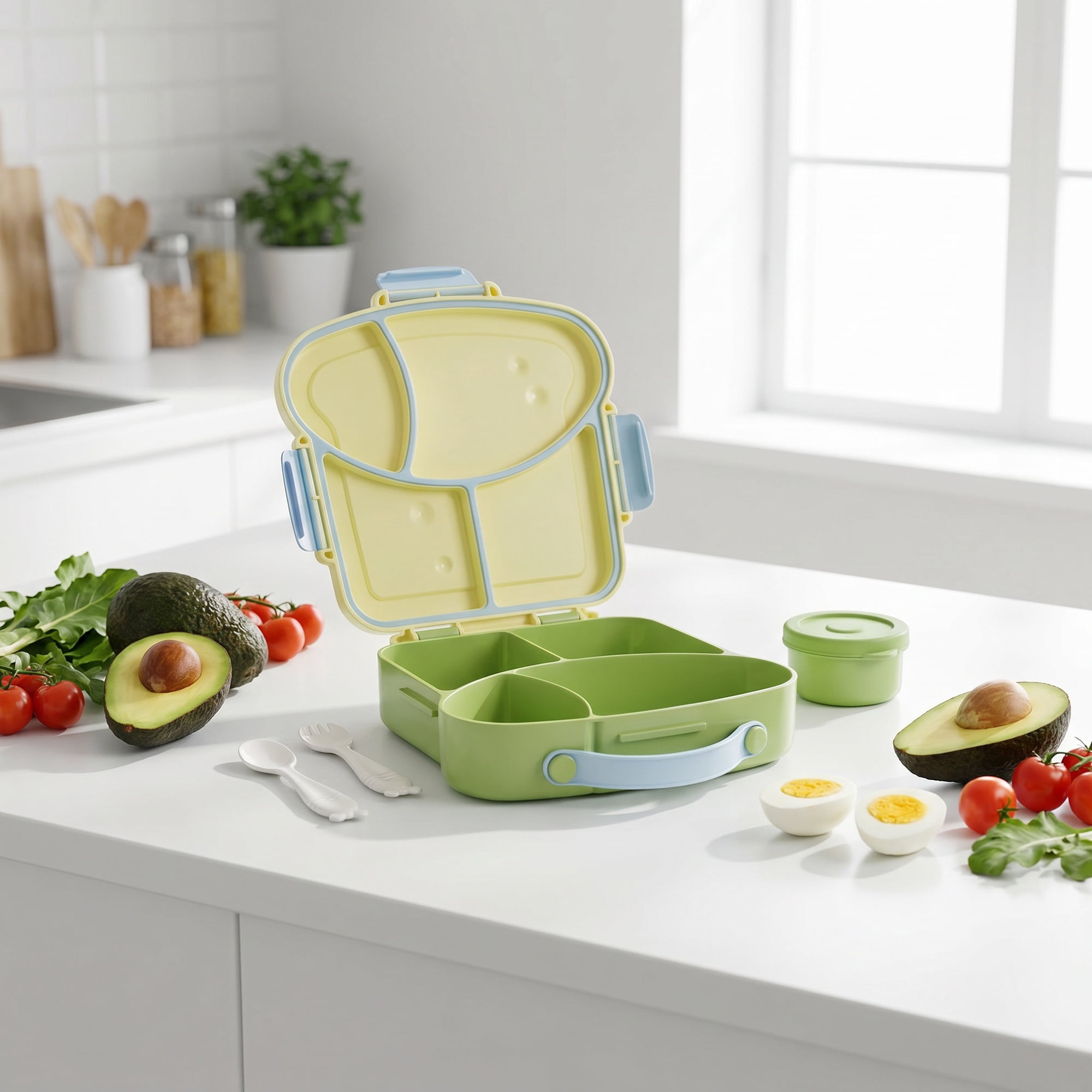 Unique Bargains 4-Compartment Meal Lunch Bento Box with Matching Cutlery Green