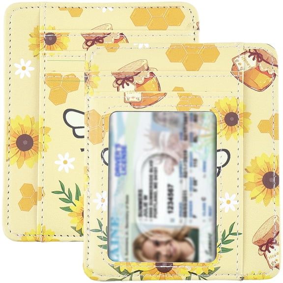 Yellow Credit Card Holder Slim Minimalist Wallet with ID Window Bee Sunflower Pattern PU Leather Small Travel RFID