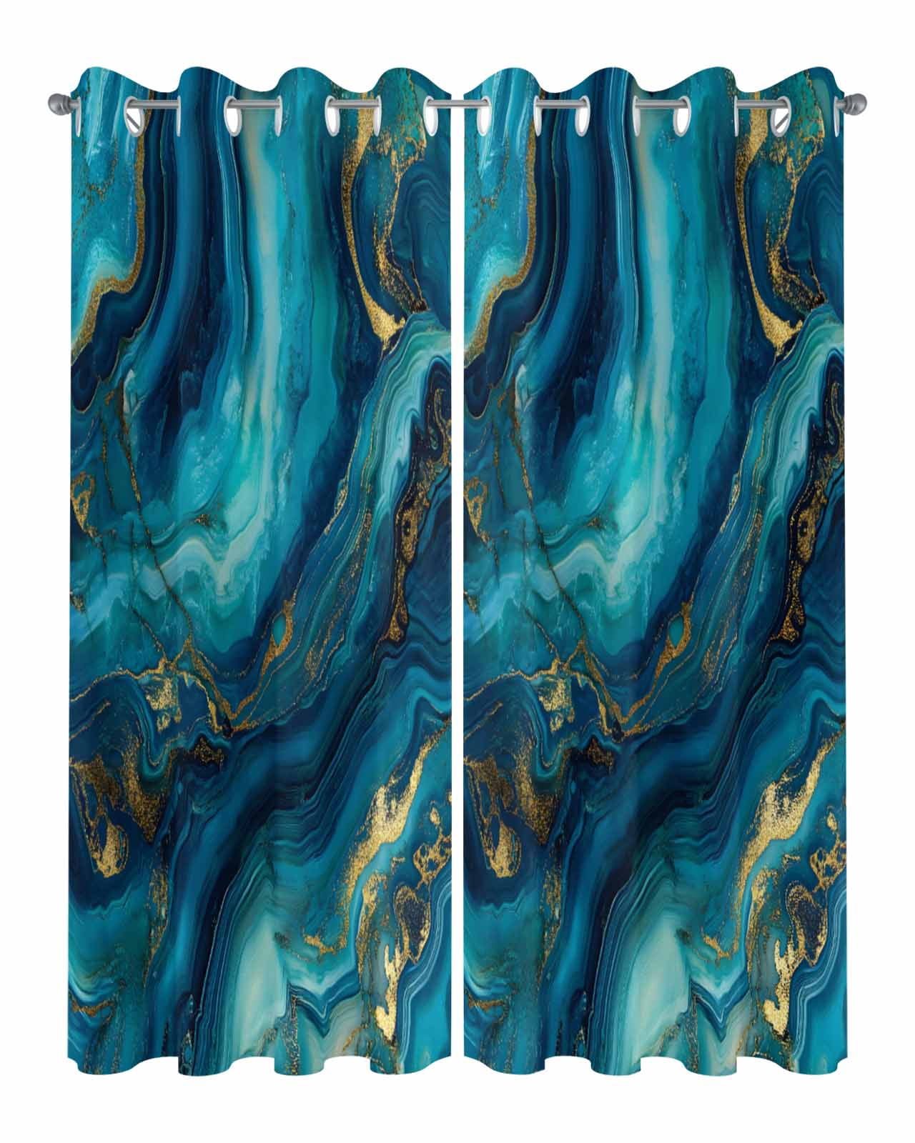 Outdoor Curtains for Patio, Teal Blue Marble Waterproof Blackout Outside Curtain for Porch/Pergola/Gazebo, Ink Painting Modern Abstract Yellow Thermal Insulated Drapes, 2 Panels, 54 x 84 Inch