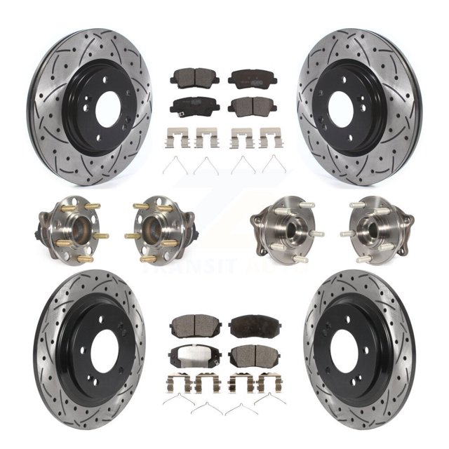 Transit Auto Front Rear Hub Bearings Assembly Coated Disc Brake Rotors and Ceramic Pads Kit (10Pc) for Car Kia Optima with Electric Parking - Left Right Side (Driver Passenger) KBB-115977