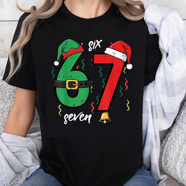 Playera Navideña 100% Algodón con Diseño Festivo de Números 6 y 7 para Mujer - Regalo Divertido