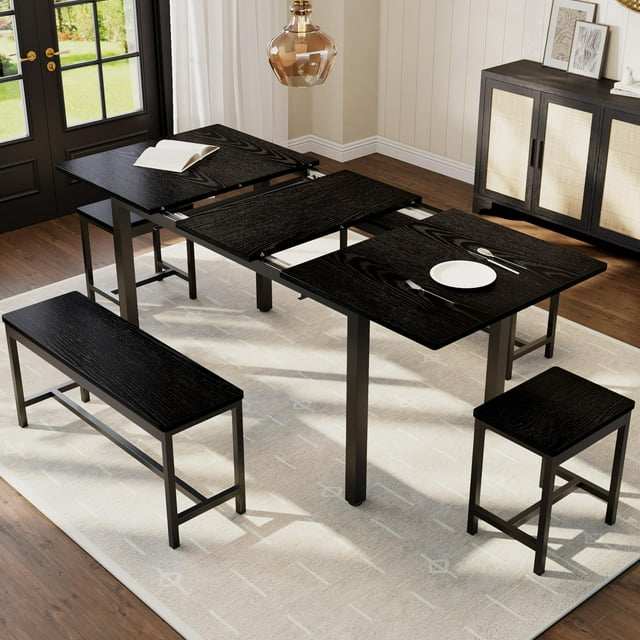5-Piece Dining Table Set for 4-8 People, 63" Large Extendable Kitchen Table Set with 2 Benches and 2 Square Stools, Modern Dining Room Furniture Sets, Easy Assembly, Black