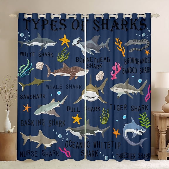 Feelyou Dark Shark Ocean Black Out Curtains for Boys Girls Kids, Sea Coral Marine Wildlife Curtains Pack of 2 (42x63 Each), Navy