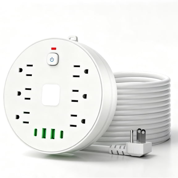 LKYICNHY 10 IN1 Power Strip Surge Protector with Light-6T Retractable Travel Extension Cord Portable Powerstrip with 6 AC Outlets 2 USB Port 2 USB C for Home Office Travel Cruise Ship , White
