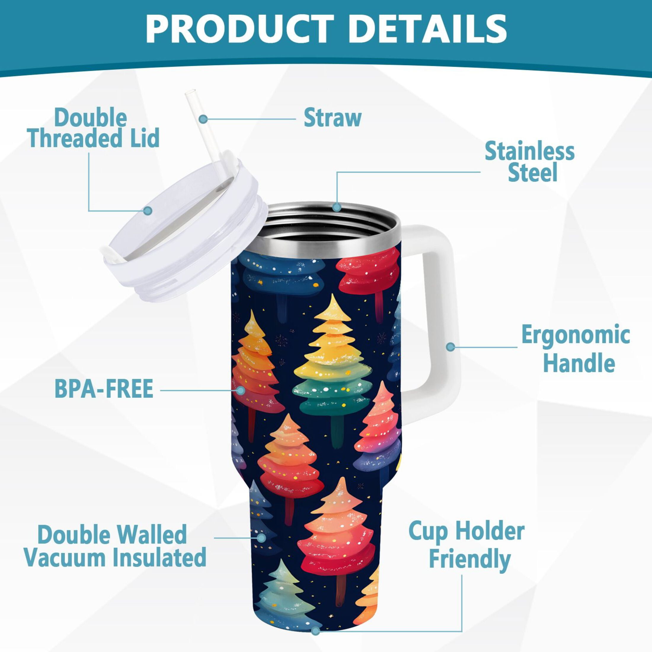 Colorful Christmas Tree Tumbler with Handle and Straw Lid 40 oz Insulated Vacuum Water Bottle Stainless Steel Travel Cup