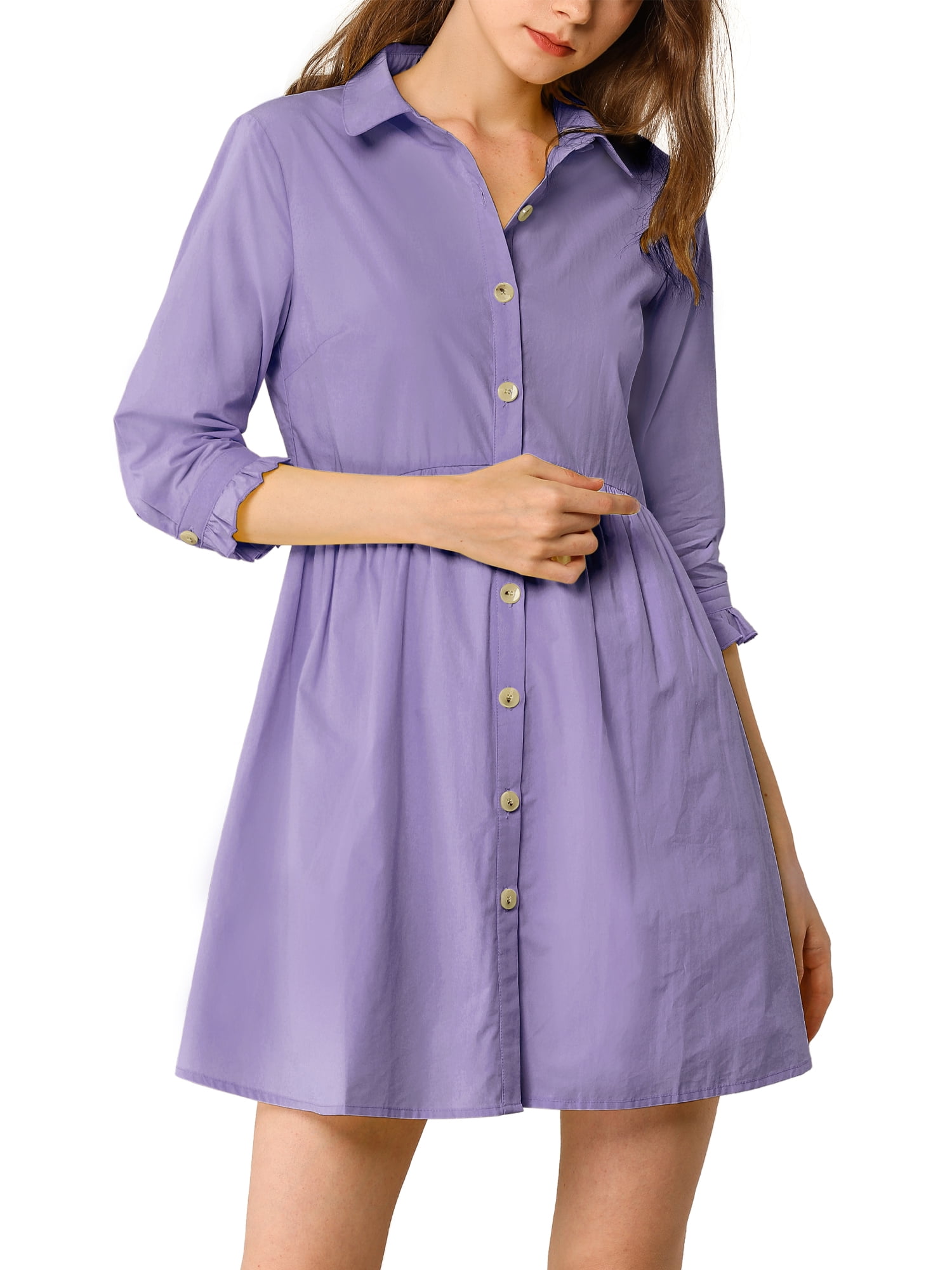 DARING DIVA Elegant Collar Flare 3/4 Sleeve Button Mini Shirt Dress S Purple