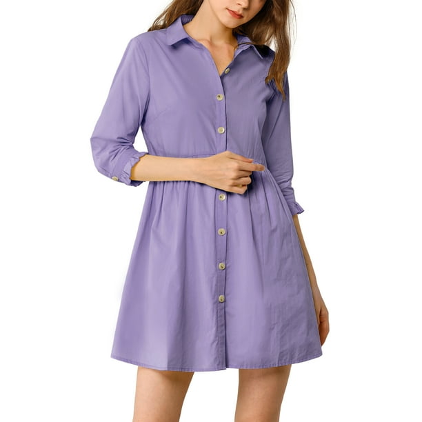 Vestido de camisa para mujer Inspire Chic de manga 3/4, con botones, mini vestido, color púrpura, talla M