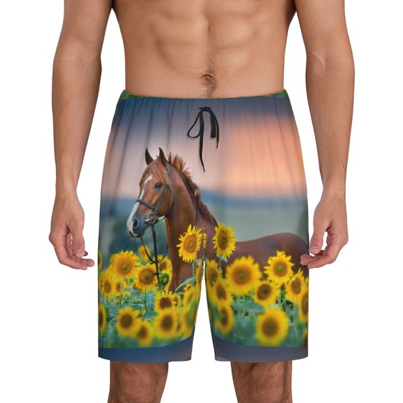 Naloa Horse Sunflowers Men's Short Pajama Pants, Lounge Comfort Shorts with Elasticized Waistband and Side Pockets - Small