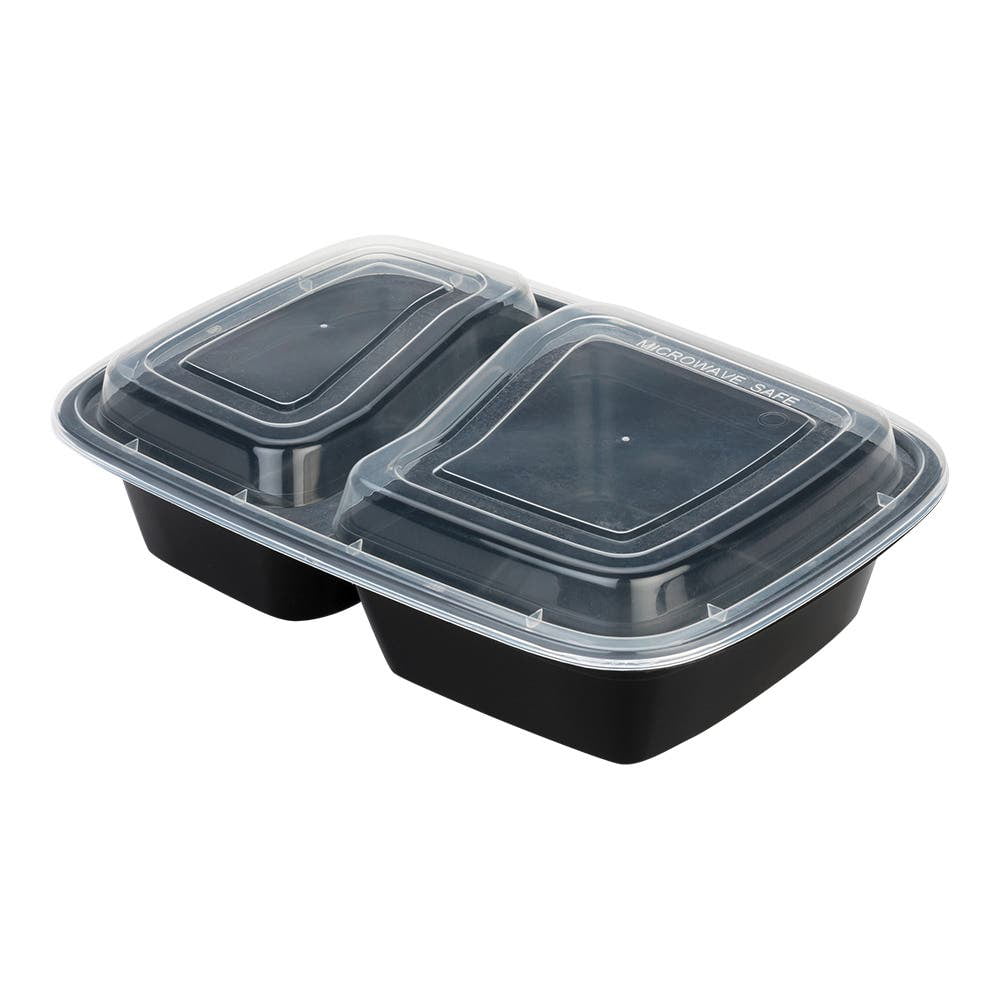 Carry Boss RSL-9828 Black Polypropylene 32 Ounce Rectangular  Two-Compartment Food Take-Out Container with Clear Lid - 8.75 x 6.25