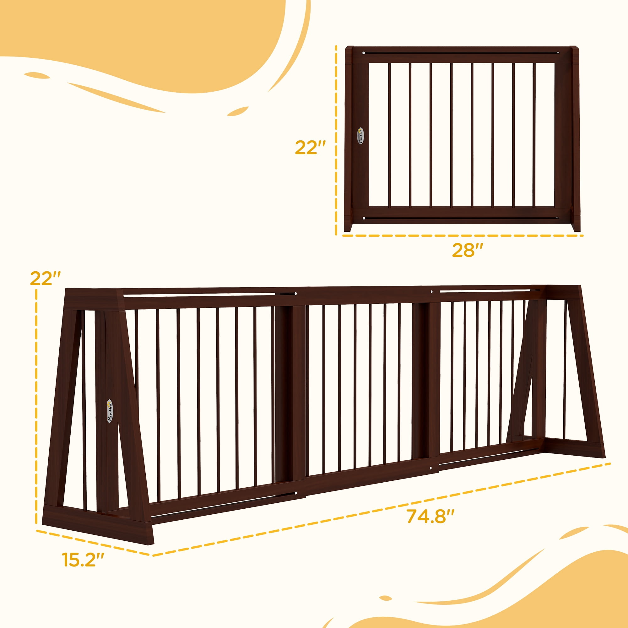 PawHut Freestanding Pet Gate with Retractable Length, 28"-75", Brown