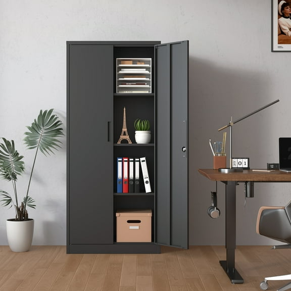 31.5" Black Metal Garage Storage Cabinet - 3 Adjustable Shelves - Modern Style Lockable File Storage