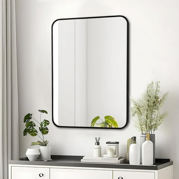 Anyrose Bathroom Mirror 20x28 Rounded Rectangle Wall Mirror, Matte Metal Framed Vanity Rectangular Mirrors for Bedroom Black