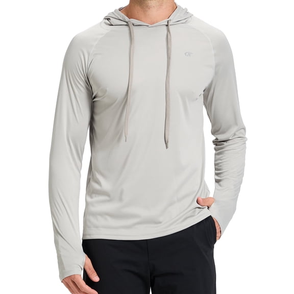 Muvtei Men's UPF 50 Long Sleeve Sunscreen Hoodie UV Sun Protection Hoodie with Thumbholes for Workout Fishing Hiking Sports Long Sleeve Hoodie Light Grey L