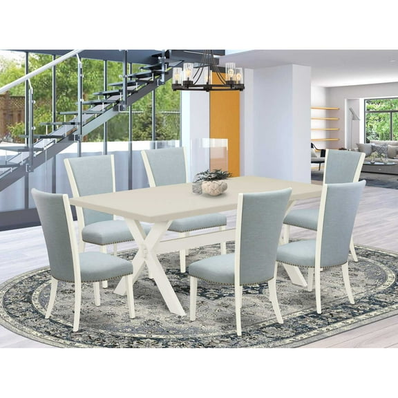 East West Furniture X027VE215-7 7 Piece Table Set - 6 Baby Blue Linen Fabric Upholstered Dining Chairs with Nail Heads and Linen White Wooden Table - Linen White Finish