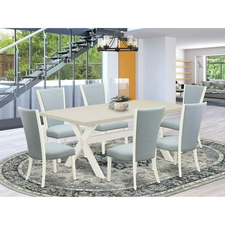 East West Furniture X027VE215-7 7 Piece Table Set – 6 Baby Blue Linen Fabric Upholstered Dining Chairs with Nail Heads and Linen White Wooden Table – Linen White Finish East West Furniture X027VE215-7 7 Piece Table Set – 6 Baby Blue Linen Fabric Upholstered Dining Chairs with Nail Heads and Linen White Wooden Table – Linen White Finish