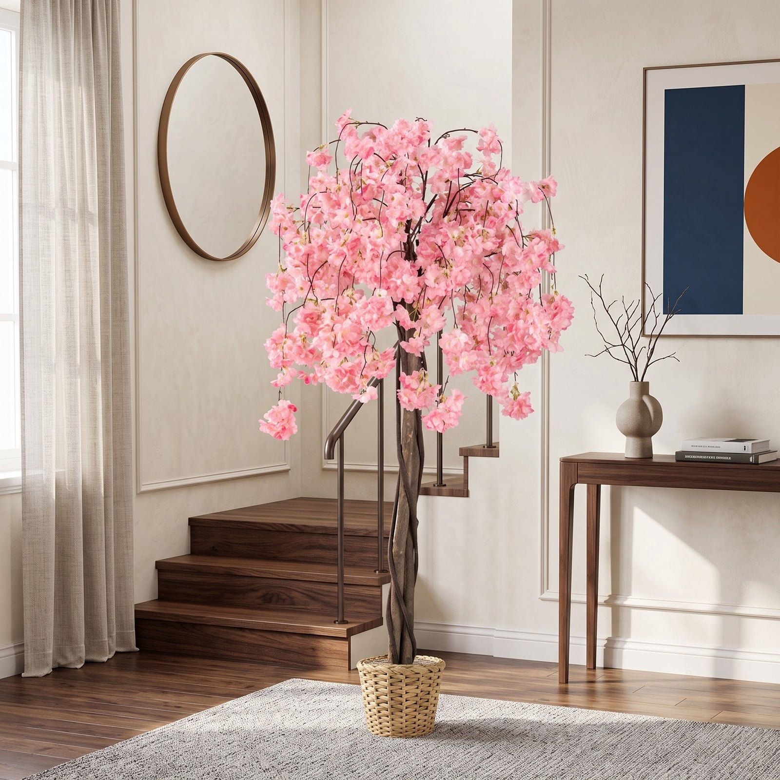ALPULON 5.5 FT Artificial Cherry Blossom Tree with Pink and White Flowers, Faux Silk Sakura Tree with Solid Wood Trunk and Cement-Filled Pot for Home Office, Pink