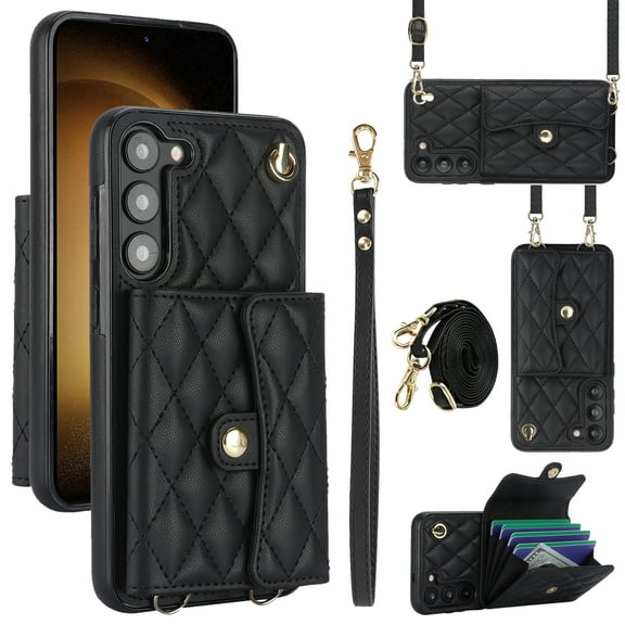 for Samsung Galaxy S23 Plus Case, Wallet Phone PU Leather Case with Card Holder Crossbody Cover for Women Girls Strap Wristlet RFID Blocking Shockproof Protective Cover for Samsung S23 Plus, Black