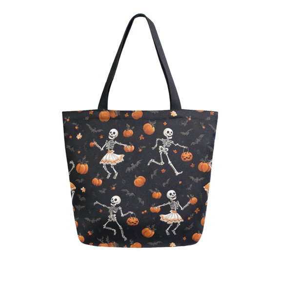 Open Top Canvas Tote Bag with Zipper Reusable Shopping Bag 13.5x15" Roomy Carryall Skeleton Carrying Pumpkin