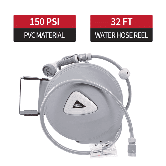 Retractable Water Hose-Reel Garden Sprayer Wall Mount 32FT 9 Adjustable Nozzle