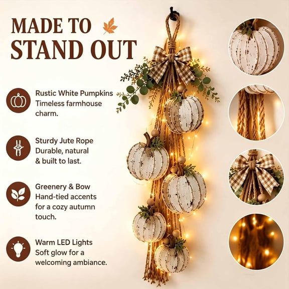 Halloween Decor,Rustic Wooden Pumpkin Door Hanging with Warm LED Lights,22.83-Inch Harvest Fall Farmhouse Decor with Autumn Leaves for Porch Entryway