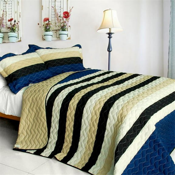QTS01061-23 Night in Forest - 3 Pieces Vermicelli-Quilted Patchwork Quilt Set  Full & Queen Size - Blue