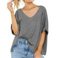 thumbnail image 2 of Lovskoo Summer Tops for Women 2024 V Neck Short Sleeve Solid Color Oversized Tops Basic Casual Loose T Shirt Gray, 2 of 8