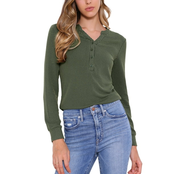 Blusas de líneas onduladas para mujeres, con cuello notch, botones y mangas largas, color verde