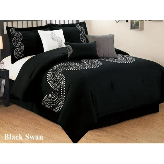 Legacy Decor 7 PC Black and White Embroidered Microfiber Comforter Set, California King Size