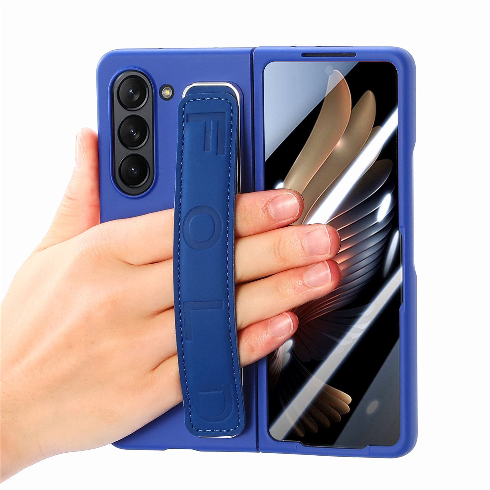 for Samsung Galaxy Z Fold 5 Case with Strap, [Non Slip Silicone Touch] Slim Protective Phone Case with Elastic Finger Wristband, Shockproof PC Cover for Samsung Galaxy Z Fold 5 2023 - Blue