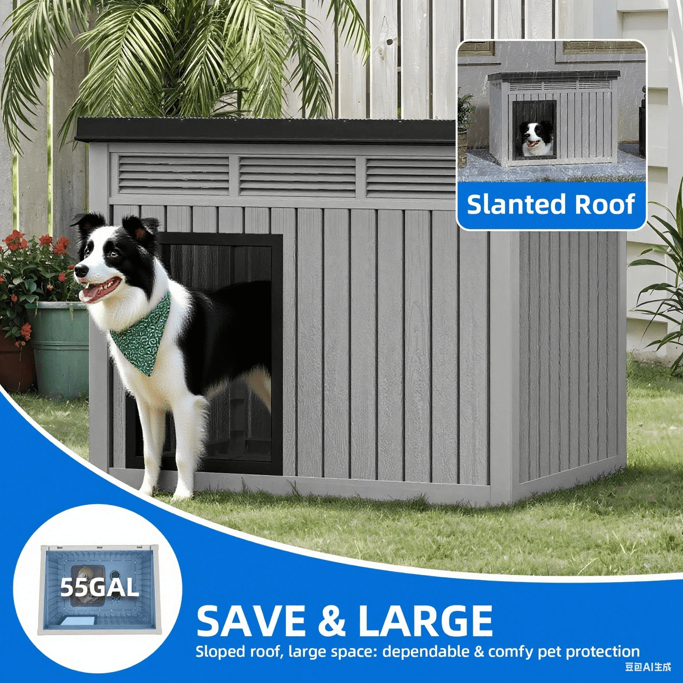 FICARTS  Dog House for Both Indoor and Outdoor with Weatherproof Roof Removable Floors for Medium to Large Dogs Interior Space (Gray, Medium(31.9"D x 24.8"W x 24.1"H))