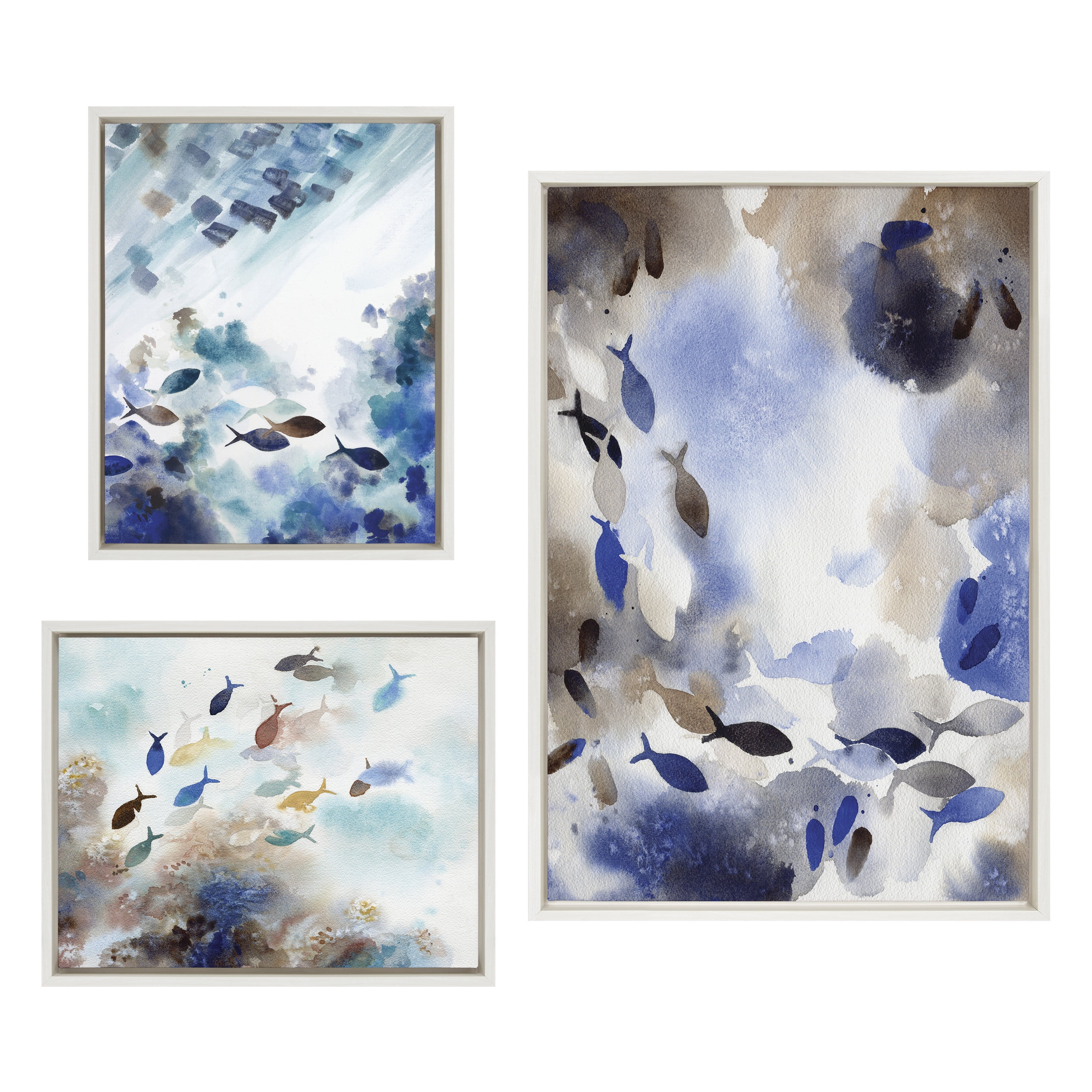 Set of 3 Blue and Brown Abstract Fish Canvas Art
