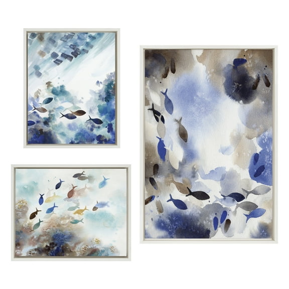 Kate and Laurel Sylvie Obstacles, Adventure and Nourish Framed Canvas Wall Art Set by Janet Meinke-Lau, 3 Piece Set White, Soft Abstract Watercolor Fish Art