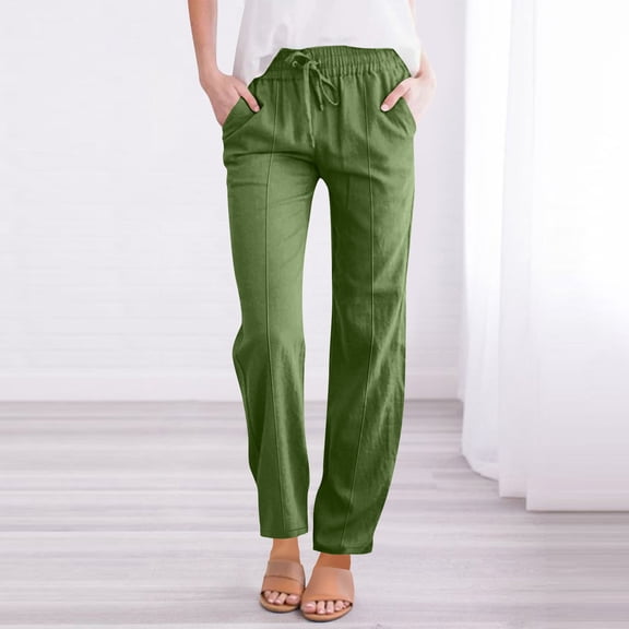 Cagogo Women Plus Size Straight Leg Elastic Waist Trousers with Pockets Casual Basic Streetwear Lounge Officewear Activewear Long Pants, Green L