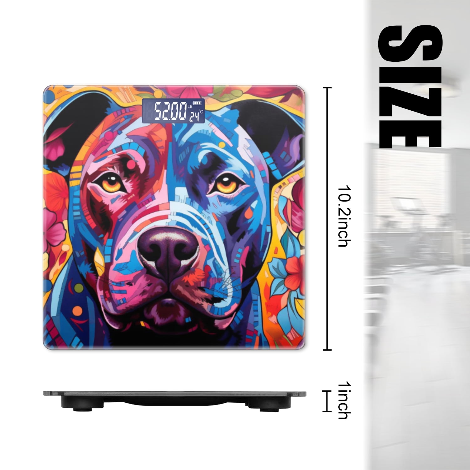 Bathroom Scale, Highly Accurate Digital Body Scale,Precisely Measures Weight up to 400 lbs-Colorful Pitbull Portrait In The Style Of Bold Colors And Patterns