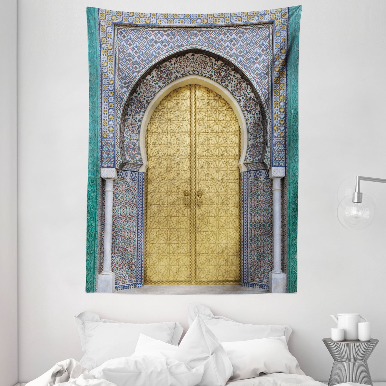 Moroccan Decor Wall Hanging Tapestry, antique doors, Morocco gold