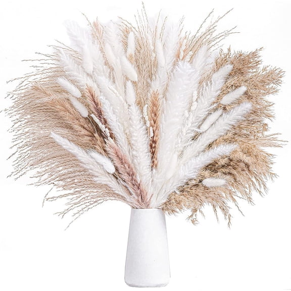 92-Piece Dried Pampas Grass Bouquet | Boho Home Decor with 15 White Bulrush, 30 Floating Grass, 15 Colored Bulrush | Wedding & Party Centerpiece | 17-Inch Tall for Vase Arrangements