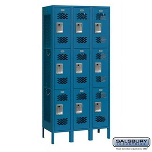 SalsburyIndustries 73362BL-U 3 Wide Triple Tier Vented Metal Locker, 12 in. Unassembled - Blue