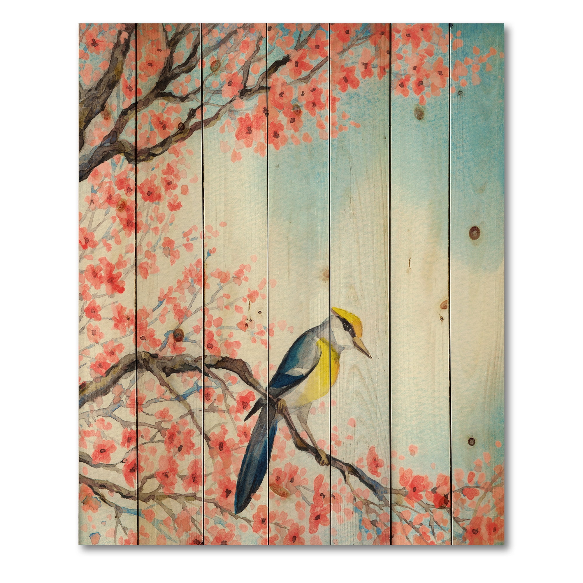 Designart 'Beautiful Red Bird Sitting On Flowering Branch I' Traditional Print on Natural Pine Wood