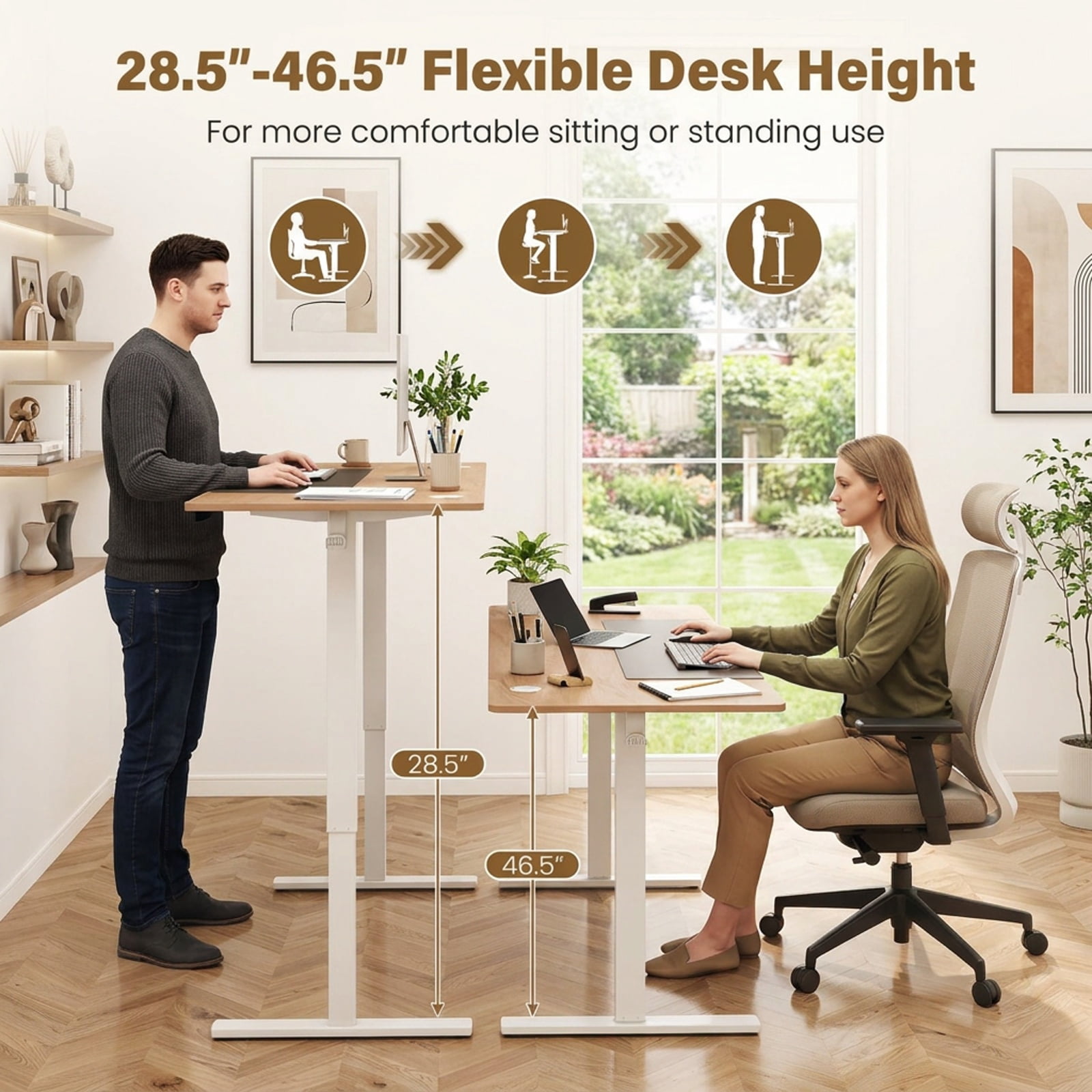 Furnibear 63 x 24 Inch Height Adjustable Sit Stand Computer Desk with 3 Memory Presets for Home Office Study Computer Writing Workstation, Natural