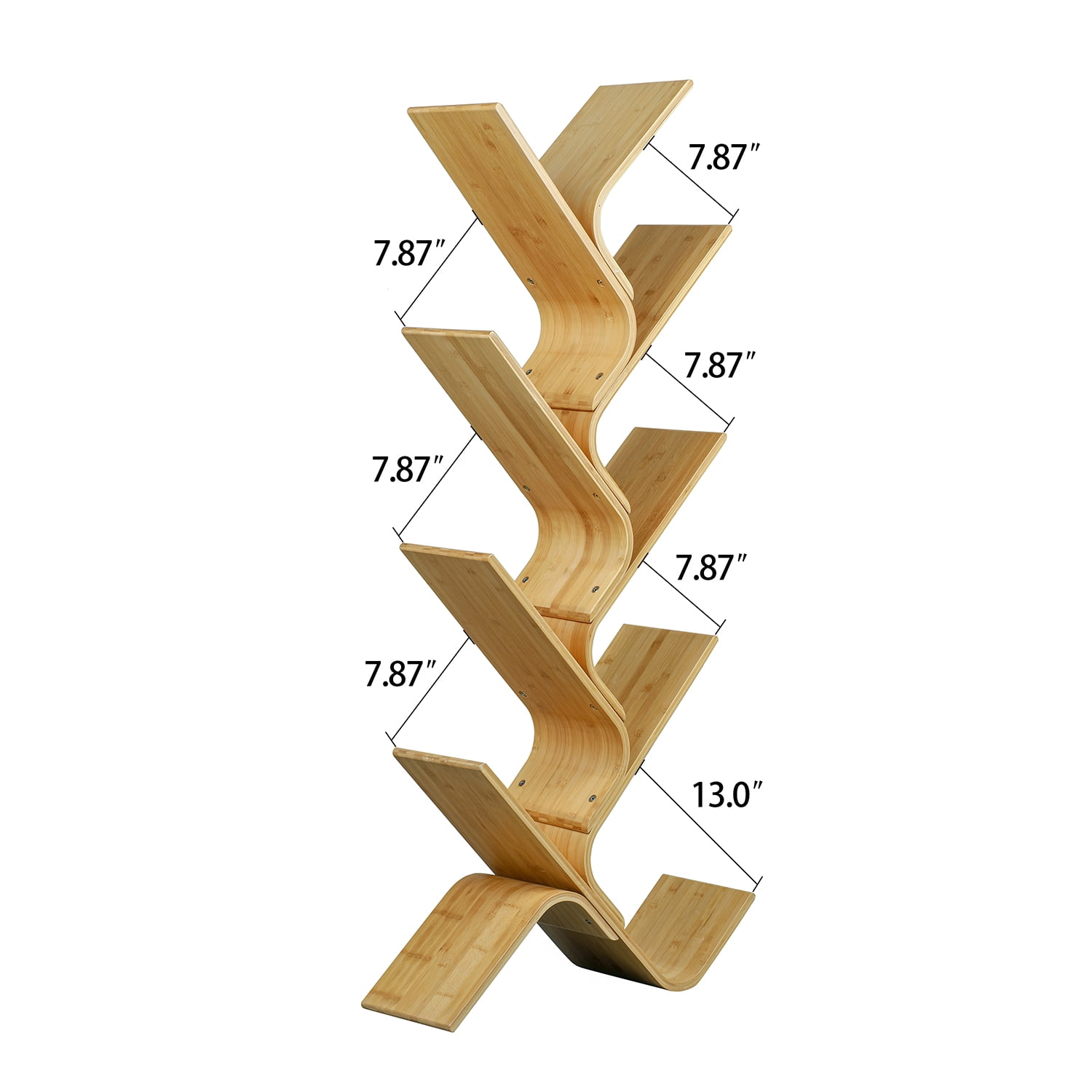 Kadyn 8-tier Bamboo Floor Standing Tree Bookshelf, Bookcase Rack for Books Cds Plants, Book Tower Storage Organizer Shelves for Living Room, Light Brown