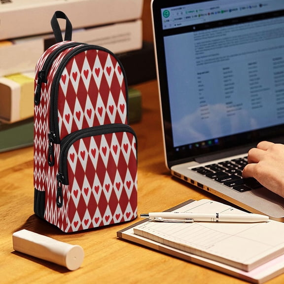 Backpack Pencil Case, 3 Compartment Large Capacity Oxford Fabric Pencil Pouch / Red Hearts and Diamonds