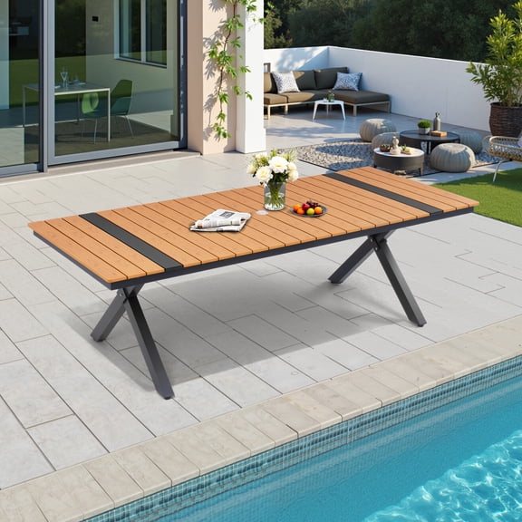 Crestlive Products 94" Outdoor Dining Table for 8-10, Aluminum Sturdy Frame with Umbrella Hole, Teak Wood-Grain Top