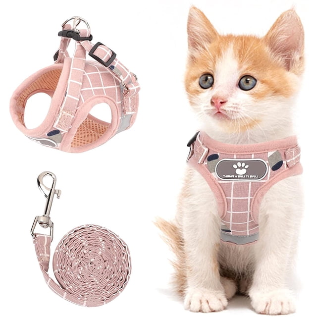 GFDYREE Cat Vest Harness and Small Dog Vest Harness for Walking, All Weather Mesh Harness, Cat Vest Harness with Reflective Strap, Step in Adjustable Harness for Small Cats (Pink-Pattern, Me