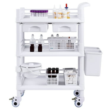 VEVOR 3-Tier Lab Cart - Mobile Medical Cart with 3 Trays & 3 Trash Cans, White