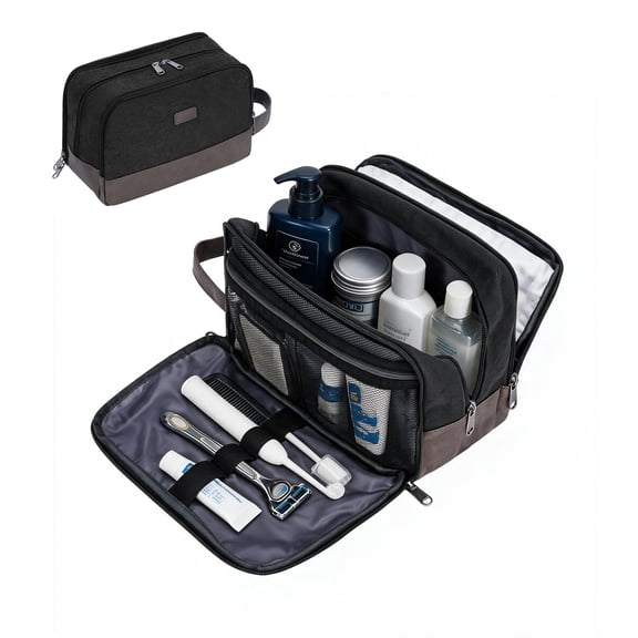 WANDF Men Toiletry Bag,3 Compartments Dopp Kit Shave Bag ,Water Resistant Canvas Travel Toiletries Bathroom Bag with Wet Pocket,Large Travel Accessories Bag Cosmetic Organizer(Black)